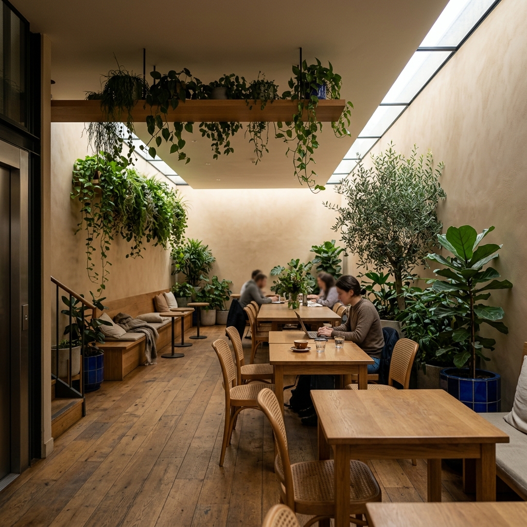 Rear lounge render with hanging plants and skylight