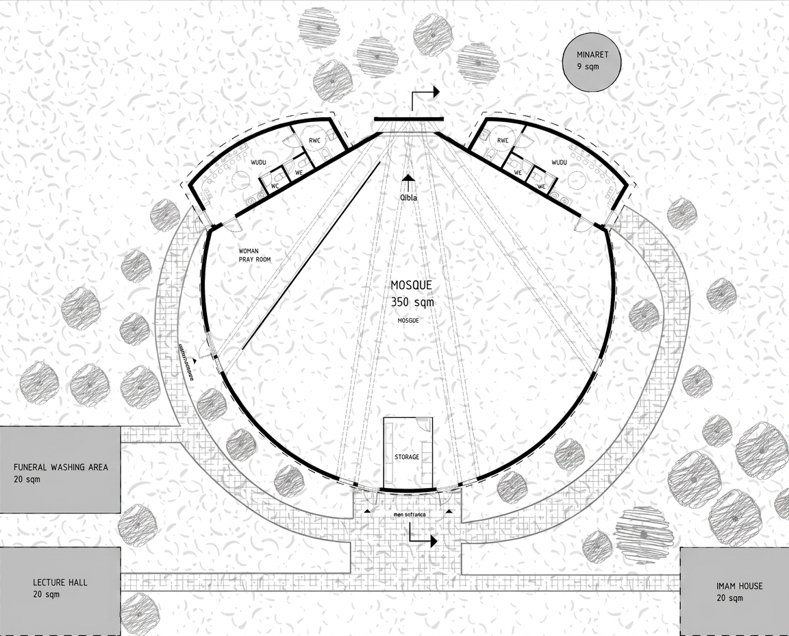 Floor plan of the prayer space showing radial segments, mihrab, minaret and supporting functions