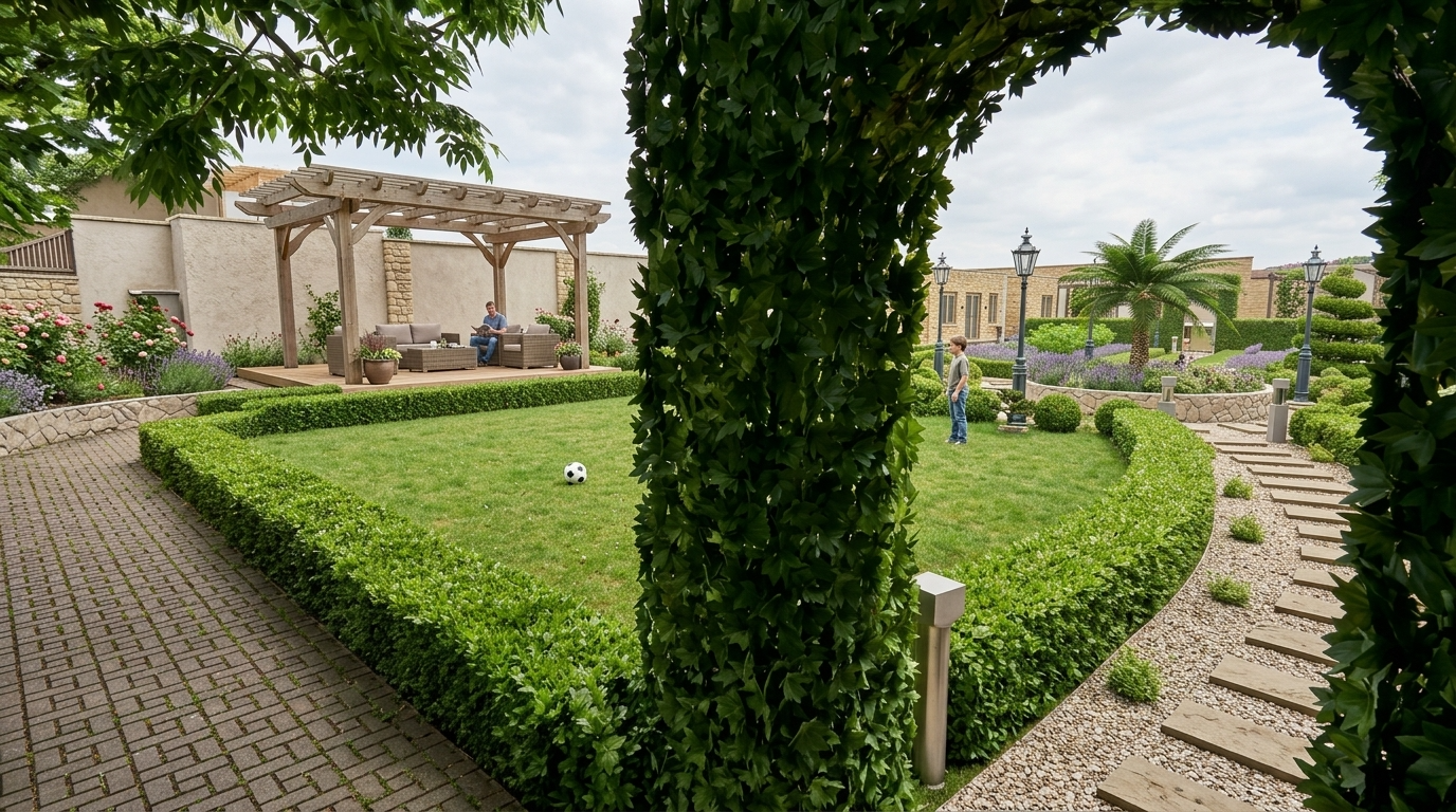 Render of the garden with hedges, lawn and pergola