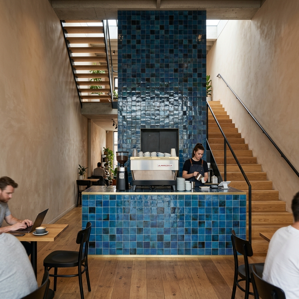 Babylon Brew House — cobalt-blue tiled bar and oak stair wrapping the elevator tower