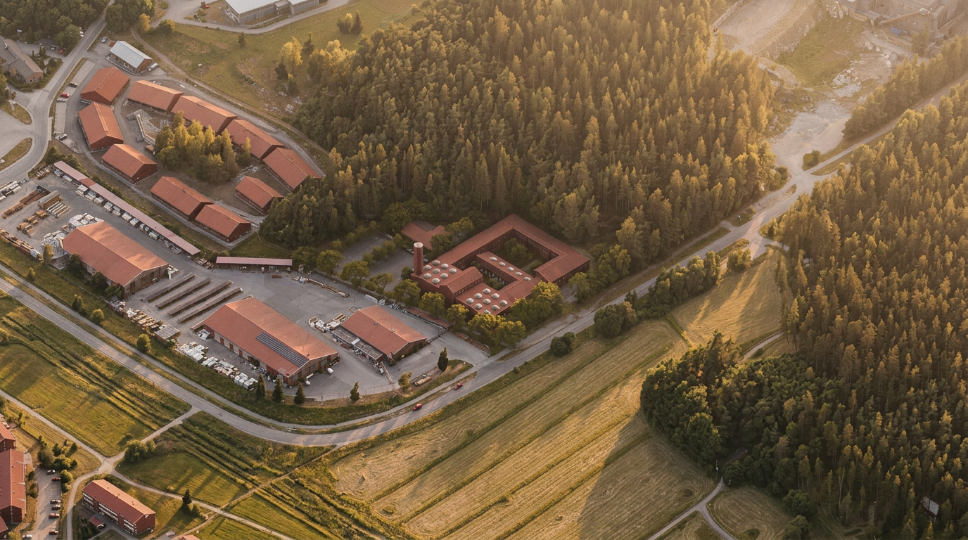 Aerial view of the building set into the forest edge