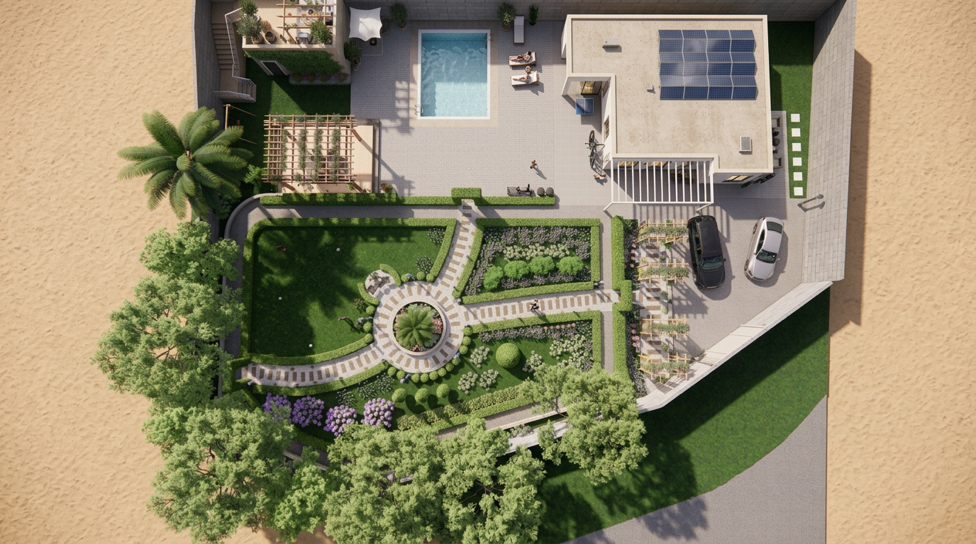 Aerial render of the villa garden showing the formal layout, pool, pergola and central fountain