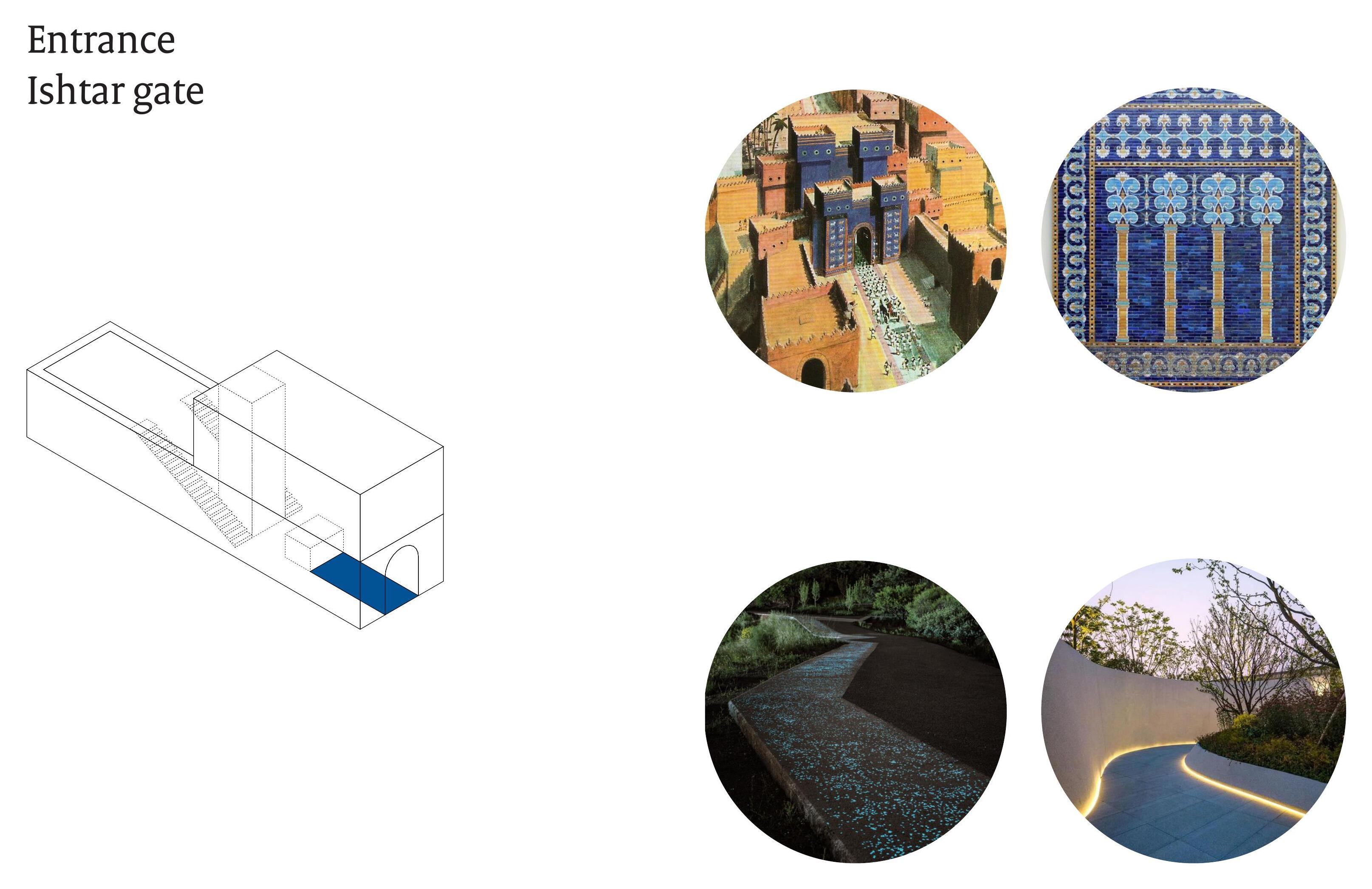 Entrance concept board referencing the Ishtar Gate