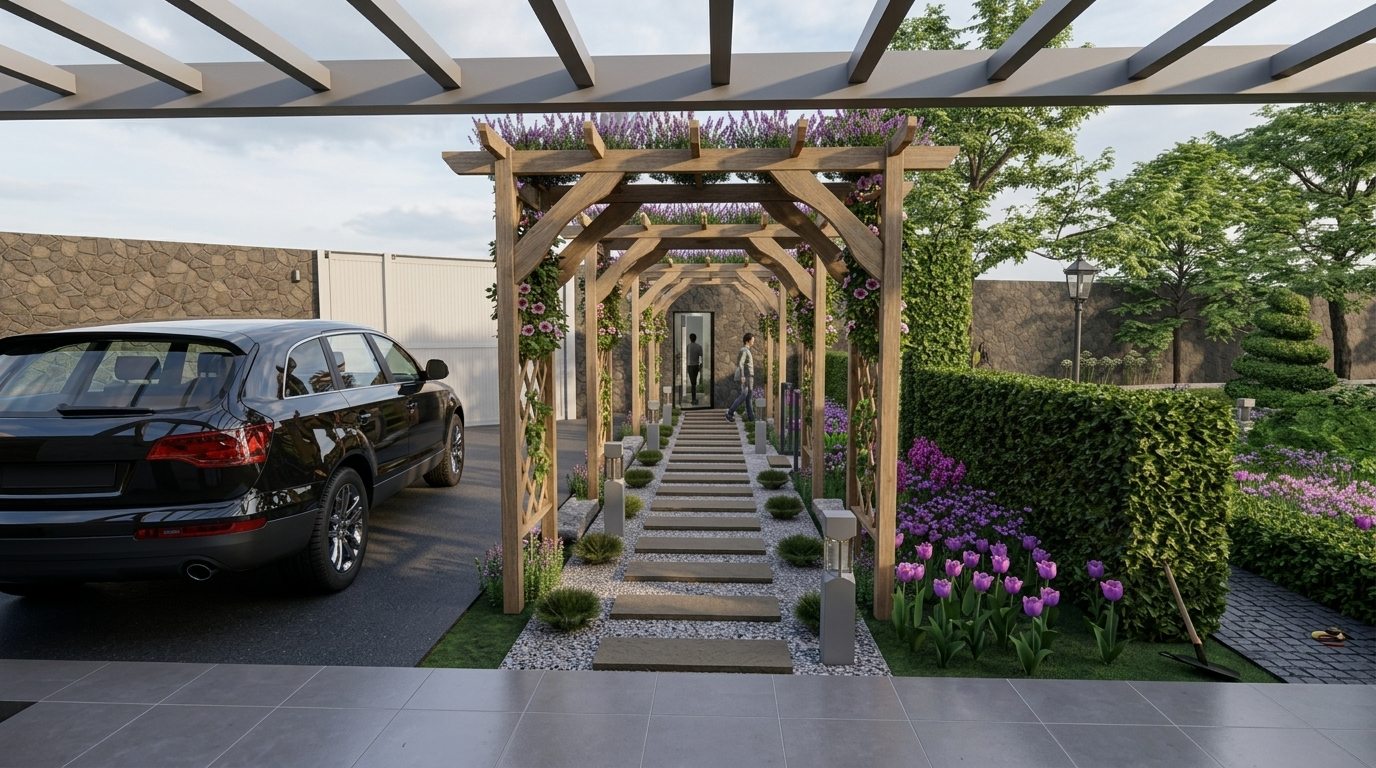Render of the timber entry pergola with flowering beds