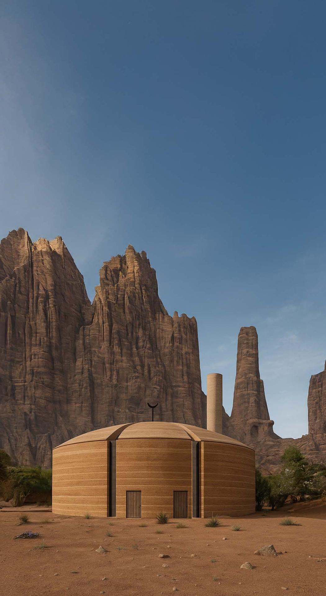 Earthen domed mosque set against desert cliffs