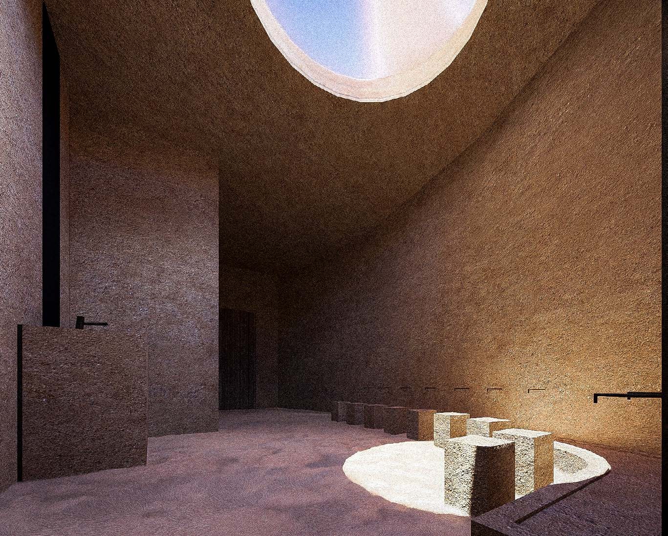Ablution space lit from a circular oculus above